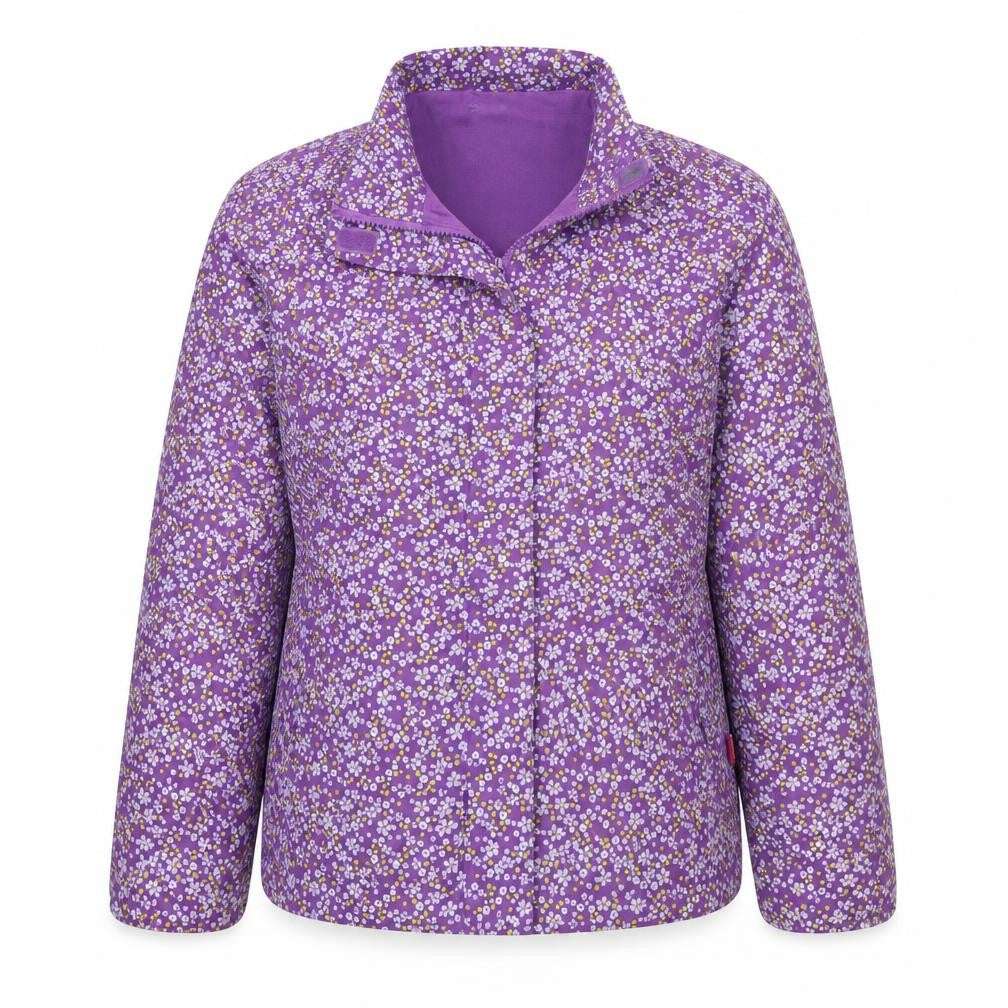 Front view of NAME IT girls’ purple floral hooded rain coat 11-12 years lined jacket