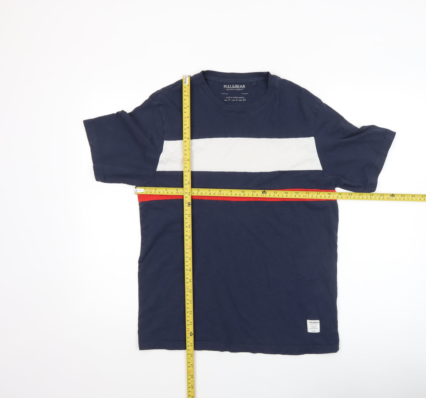 Pull&Bear Men's Navy Colourblock Crew Neck Cotton T-Shirt Size S