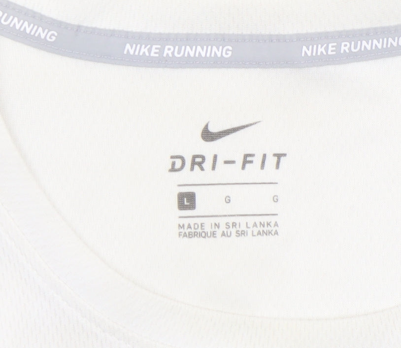 Nike Women White Dri-Fit Running T-Shirt L Lightweight Breathable Activewear
