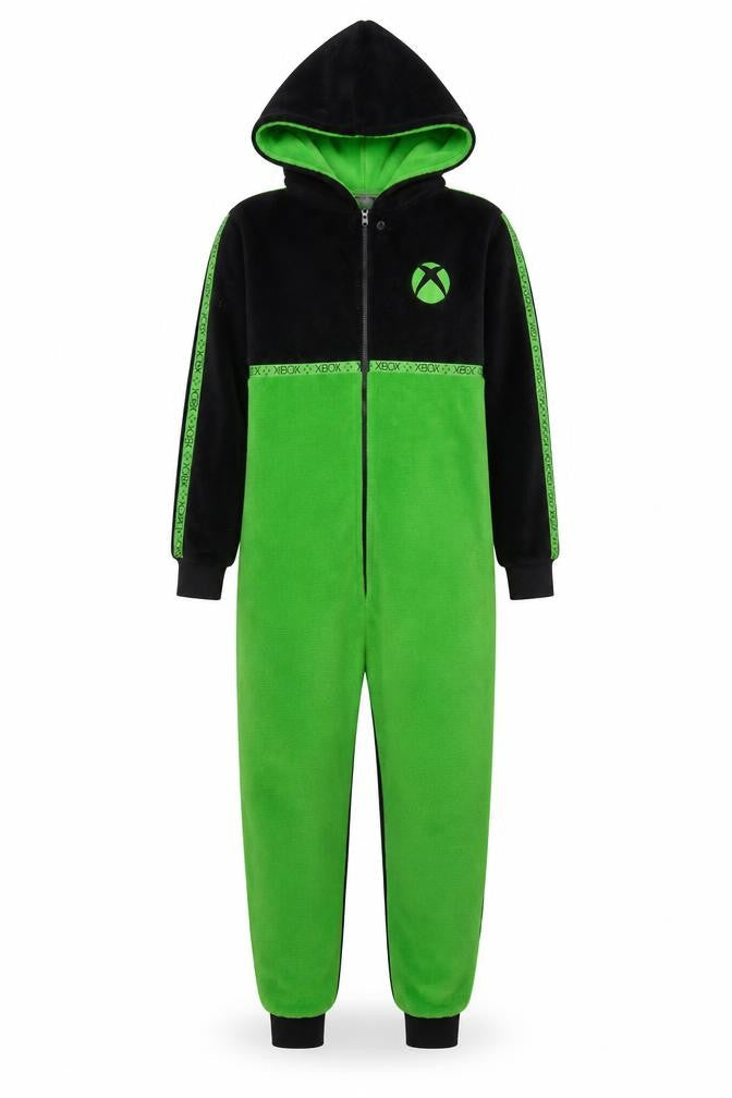 Front view of Xbox boys’ black & green fleece hooded onesie nightwear 11-12 years