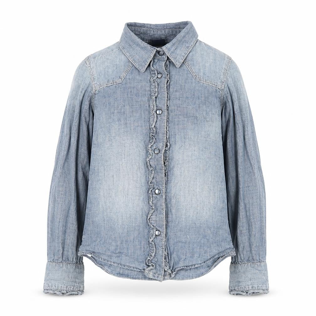 Front view of GapKids girls’ blue denim button-up ruffle shirt long sleeve 7 years