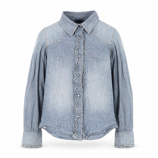 Front view of GapKids girls’ blue denim button-up ruffle shirt long sleeve 7 years