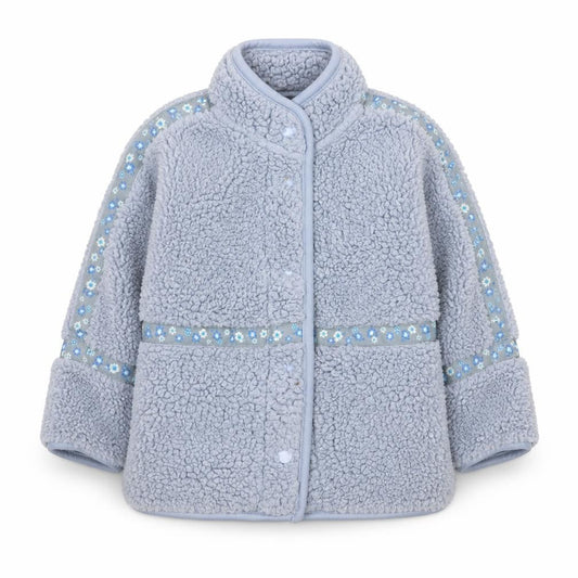 Leigh Tucker Willow Blue Fleece Baby Jacket 12-18 Months Lined Floral Trim