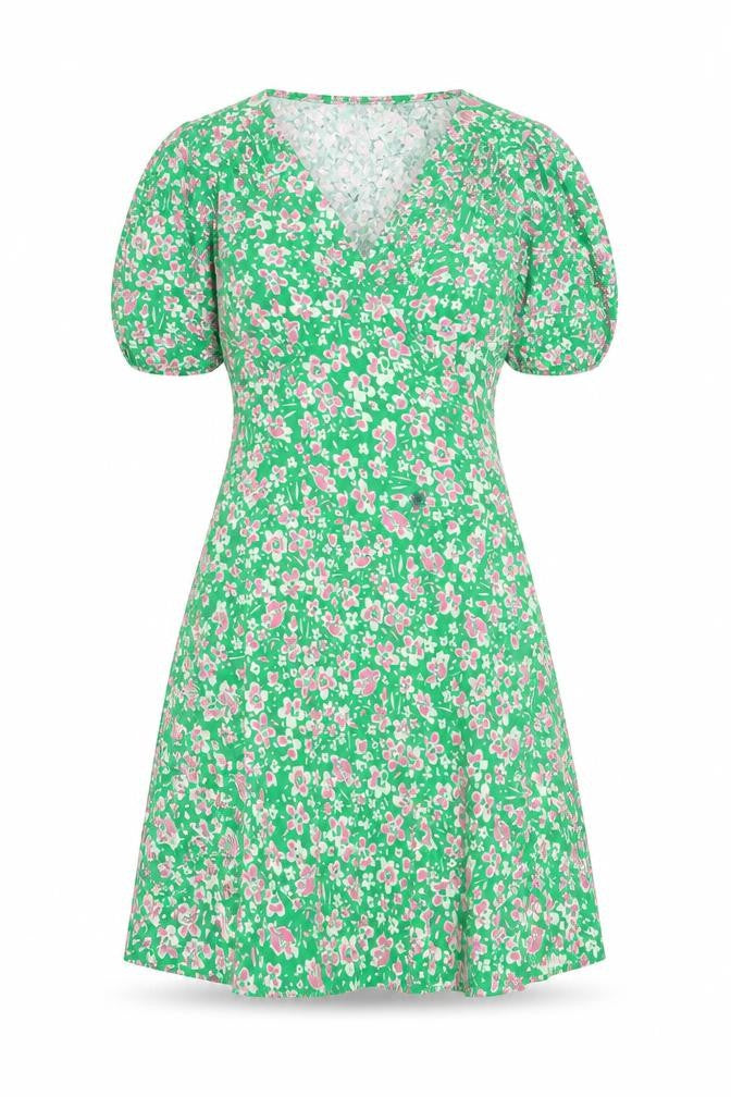 Influence Women’s Green Floral Short A-Line Puff Sleeve Dress Size 10
