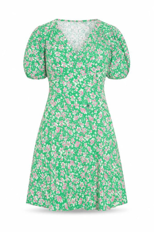 Influence Women’s Green Floral Short A-Line Puff Sleeve Dress Size 10