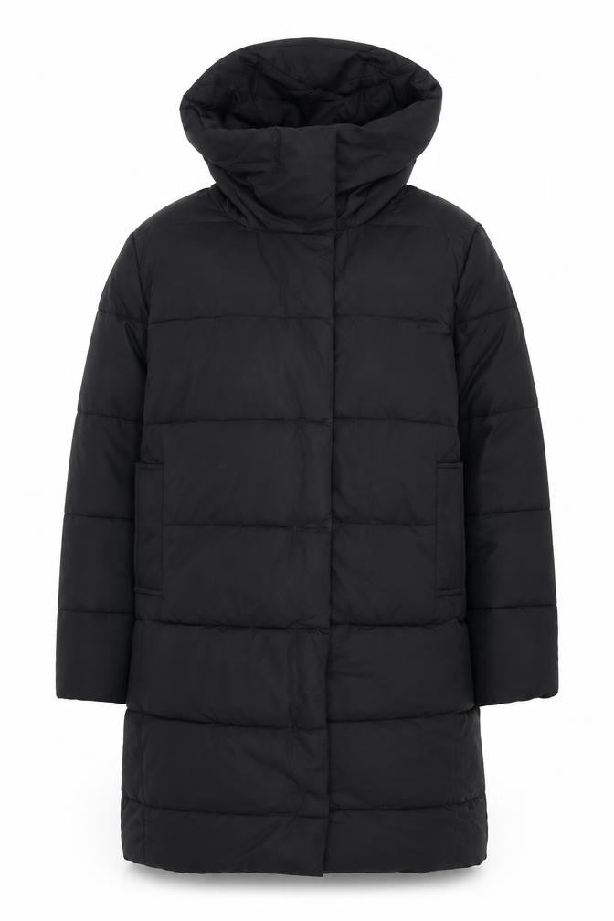 Front view of Gallery women’s black, size UK 10, long puffer coat hooded winter jacket