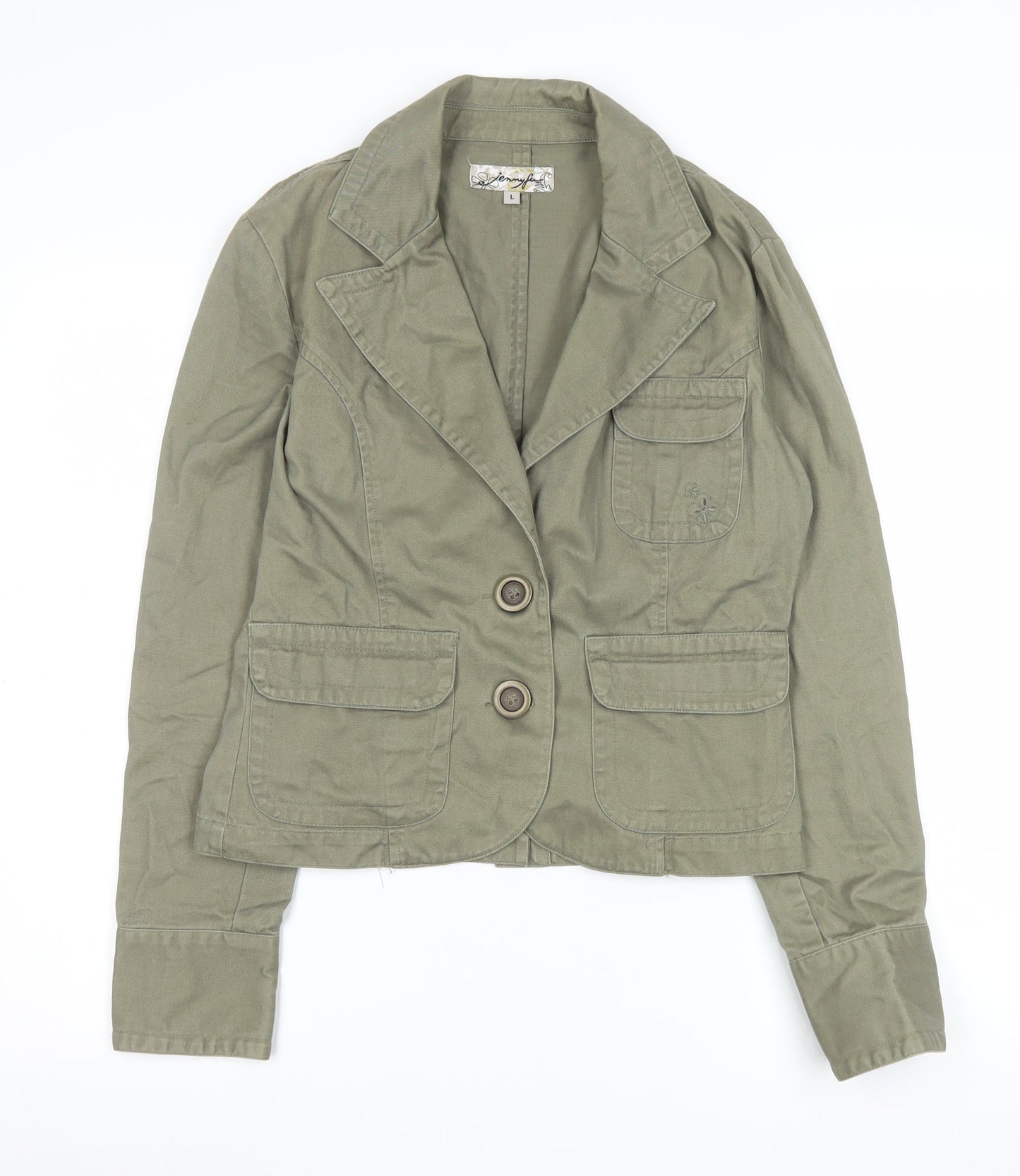 Jennyfer Women's Khaki Cotton Two-Button Blazer Jacket L