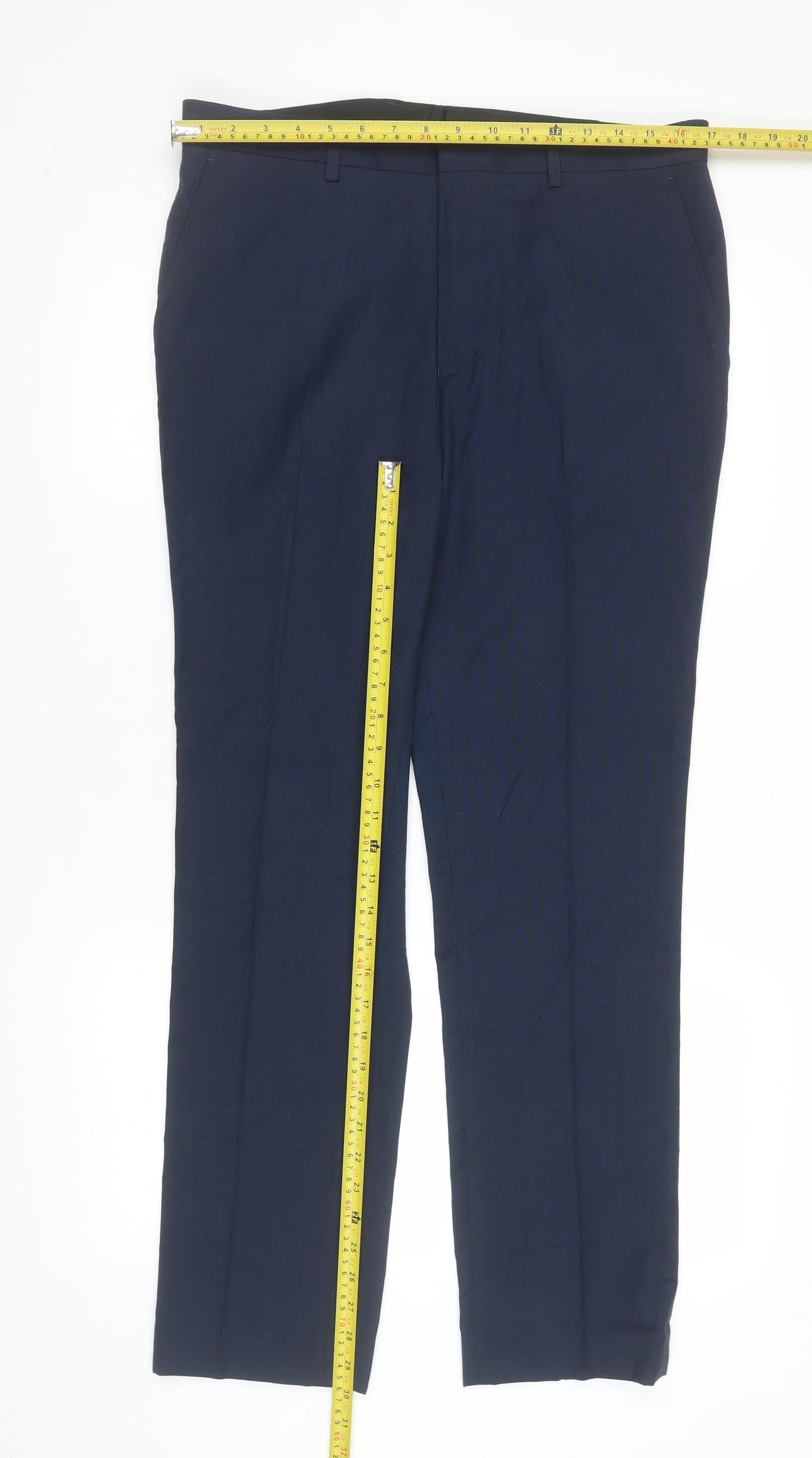 FCUK Men’s Blue Slim Fit Dress Trousers 34L Polyester Viscose Formal Pants