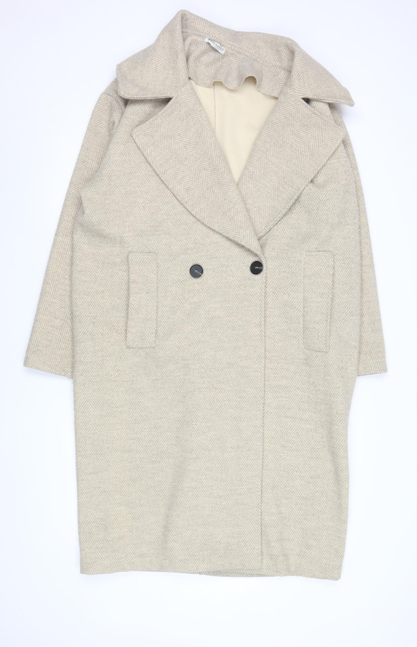 Warehouse Women’s Beige Herringbone Long Coat XS Classic Overcoat