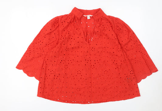 H&M Women Red Cotton Embroidered 3/4 Sleeve Tunic Blouse Size S