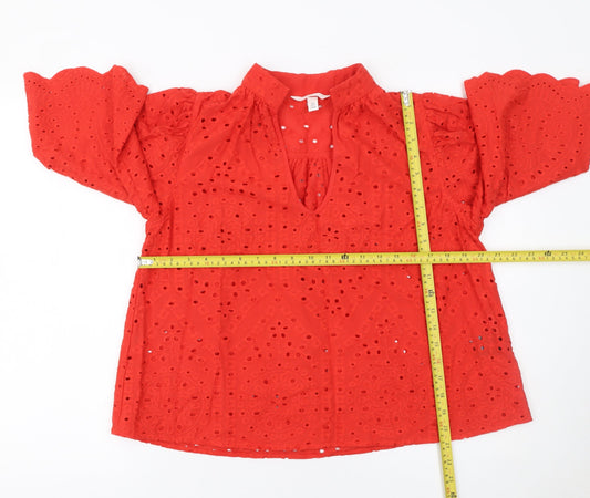 H&M Women Red Cotton Embroidered 3/4 Sleeve Tunic Blouse Size S