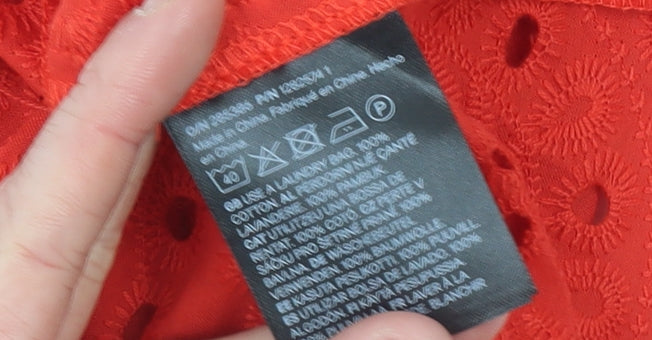 H&M Women Red Cotton Embroidered 3/4 Sleeve Tunic Blouse Size S