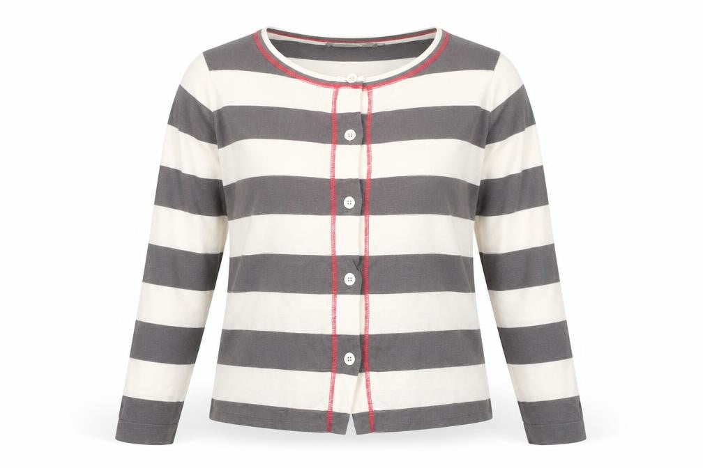 Sandwich Womens Grey Striped Cardigan Small Cotton Crew Neck