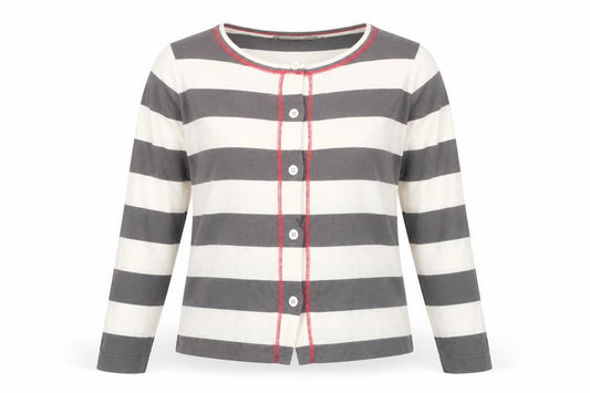 Sandwich Womens Grey Striped Cardigan Small Cotton Crew Neck