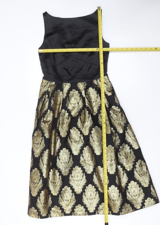 Oasis Women’s Black Gold Fit & Flare Jacquard Dress Size 8