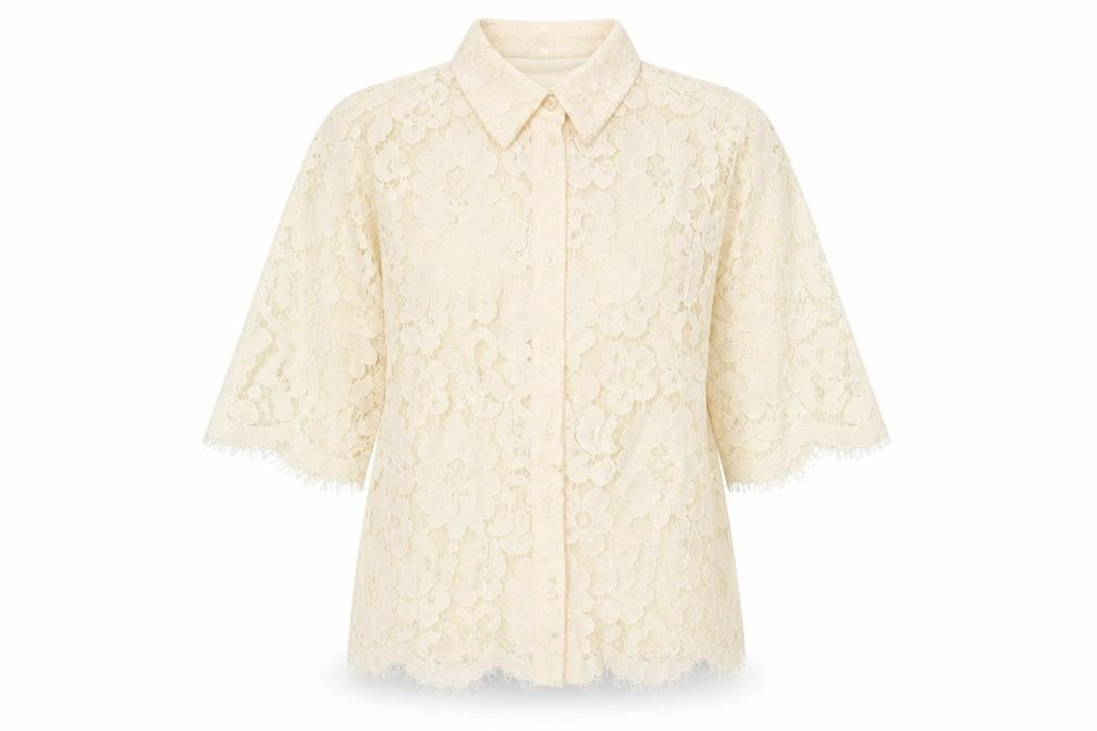Front view of Gallery Women’s Beige Lace Floral Button Blouse UK 8