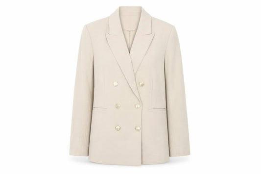 Front view of Gallery Women’s Beige Double-Breasted Blazer UK 12 Classic Fit