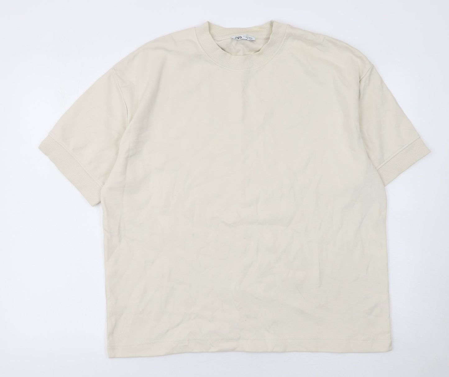 Zara Men Beige Short Sleeve Crew Neck Cotton Blend T-Shirt M