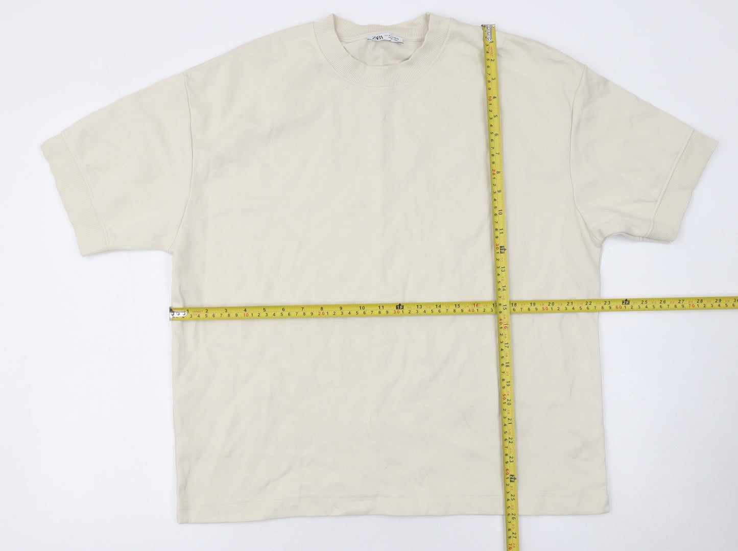 Zara Men Beige Short Sleeve Crew Neck Cotton Blend T-Shirt M