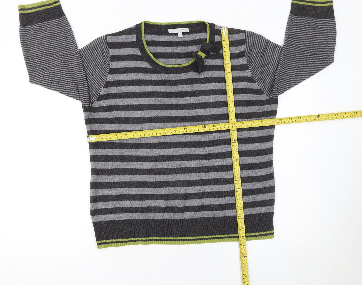 Marks and Spencer Per Una Women's Grey Striped 3/4 Sleeve Jumper Size 14