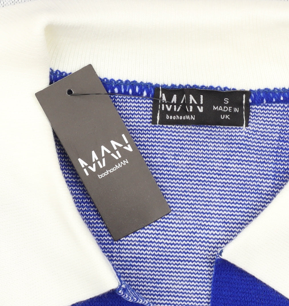 boohooMAN Men's Blue Striped Motorsports Polo Shirt Size S