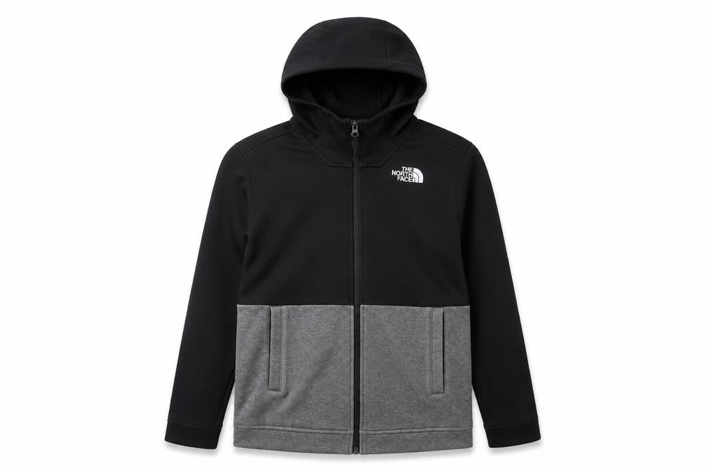 Front view of The North Face boys’ black grey full zip hooded fleece hoodie, size L