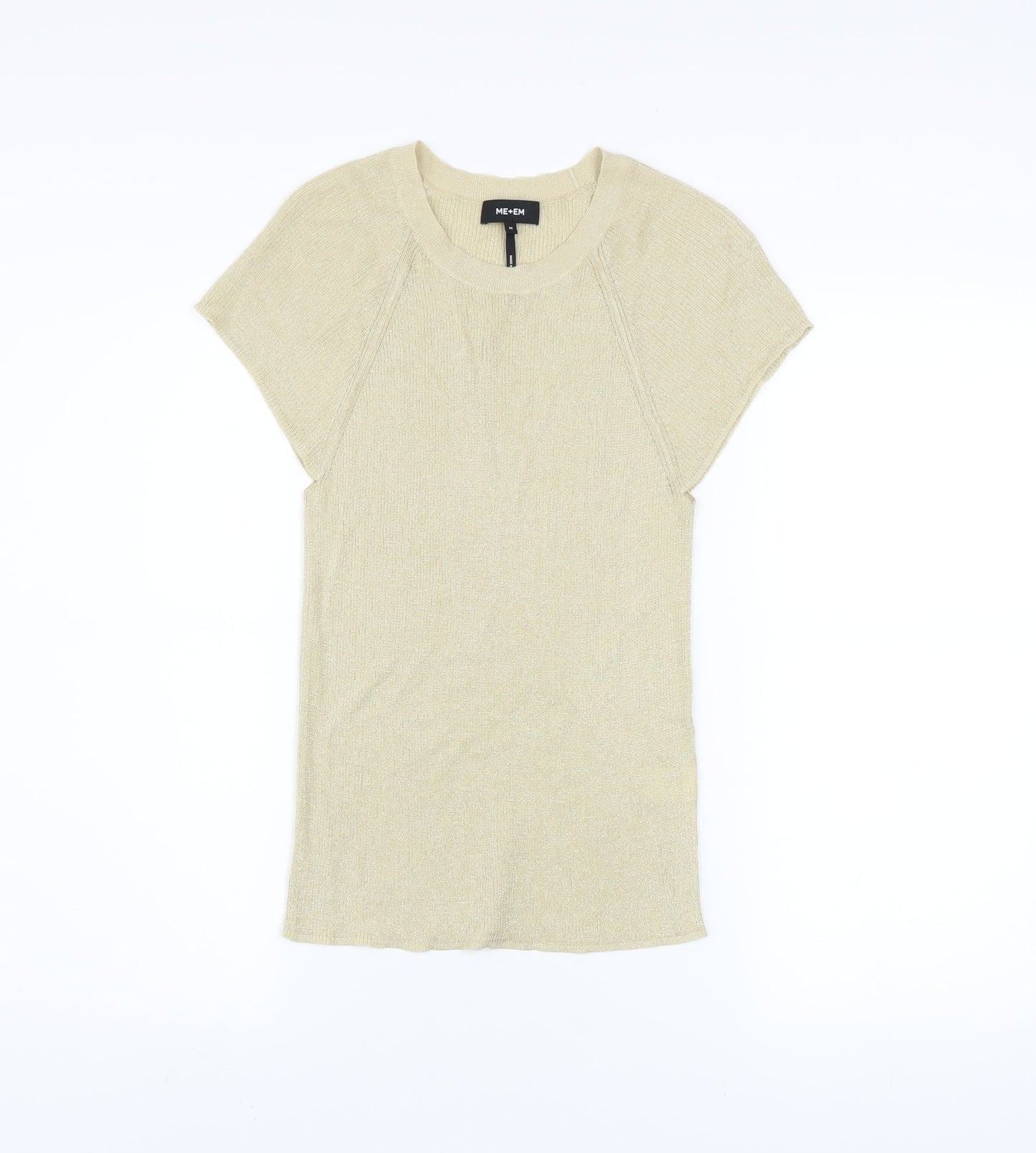 ME+EM Women's Beige Knit Crew Neck Short Sleeve T-Shirt Medium