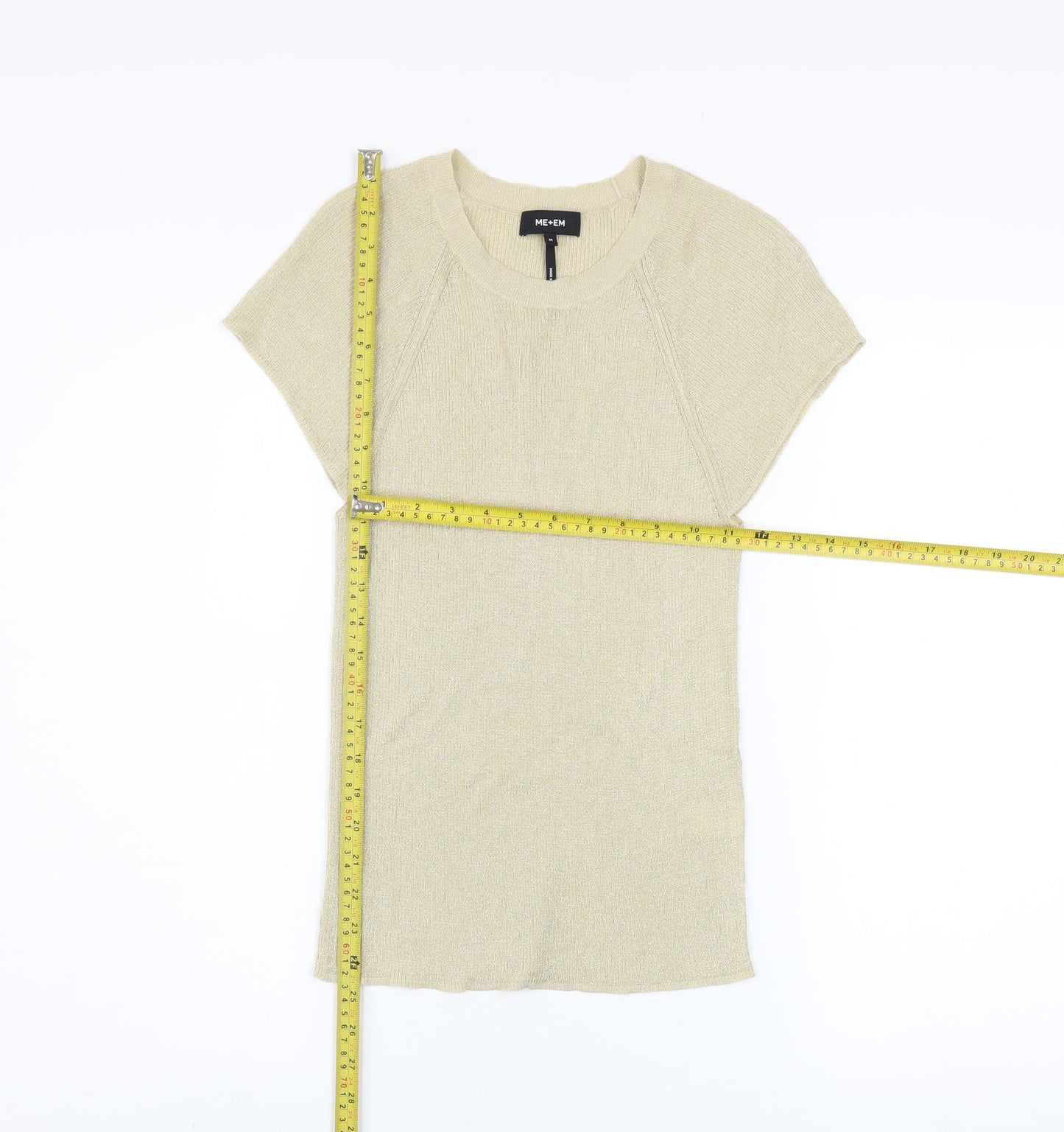 ME+EM Women's Beige Knit Crew Neck Short Sleeve T-Shirt Medium