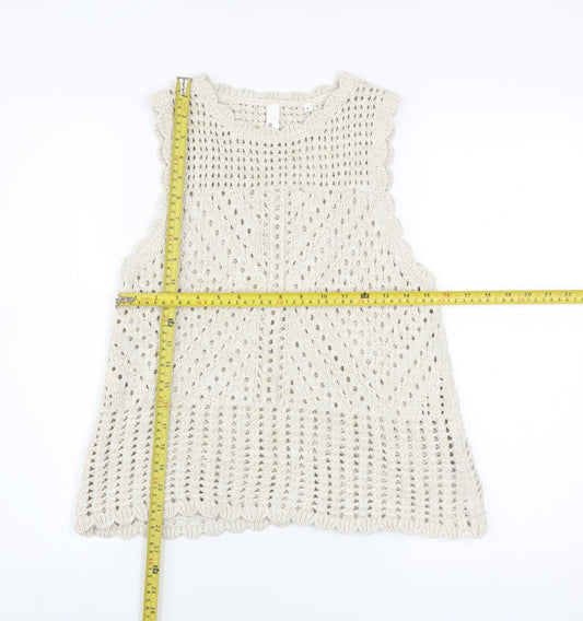 AND/OR Women Beige Open-Knit Cotton Sleeveless Vest Jumper Size S