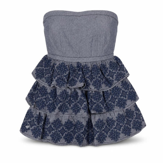 Superdry Women Blue Strapless Ruffle Chambray Dress Size L