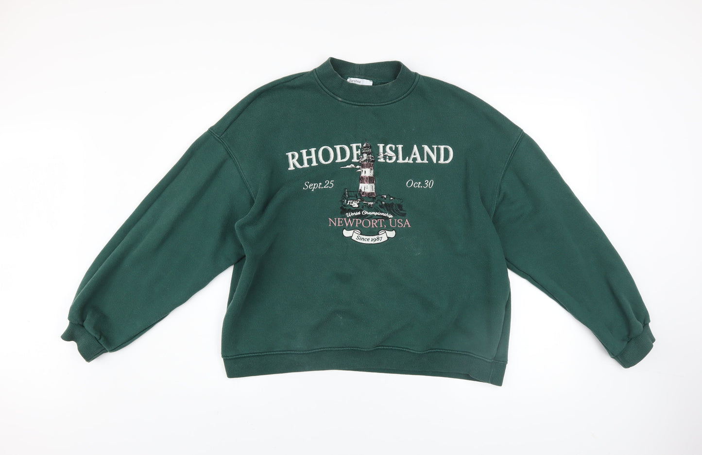Bershka Women Green Rhode Island Graphic Pullover Sweatshirt Size M