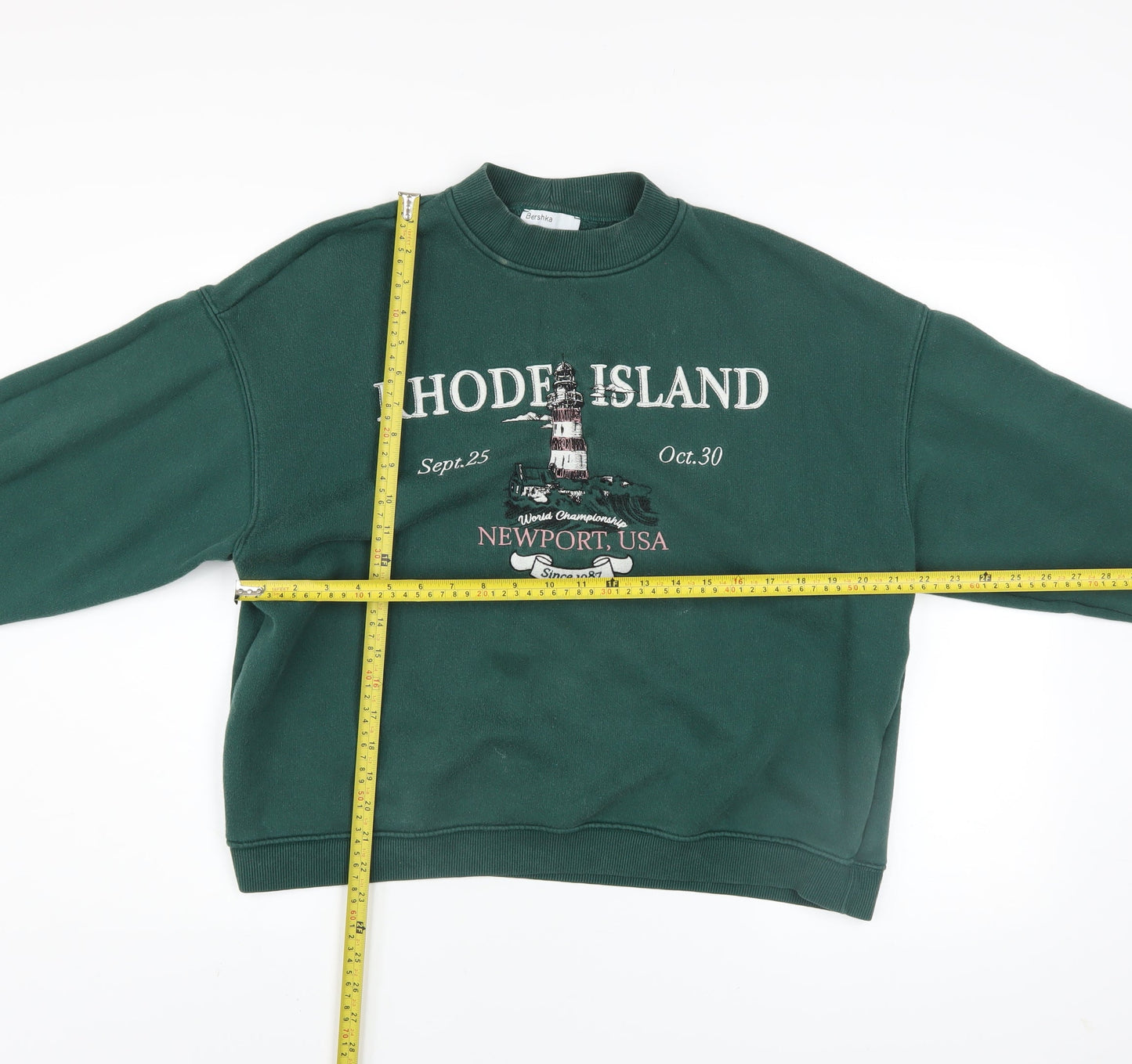 Bershka Women Green Rhode Island Graphic Pullover Sweatshirt Size M