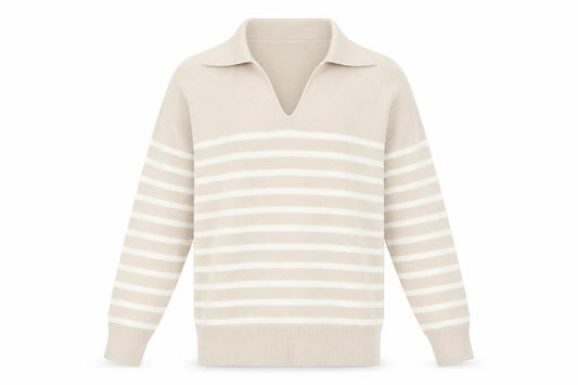 Front view of Dunnes Men’s Beige Striped Collared jumper, size S