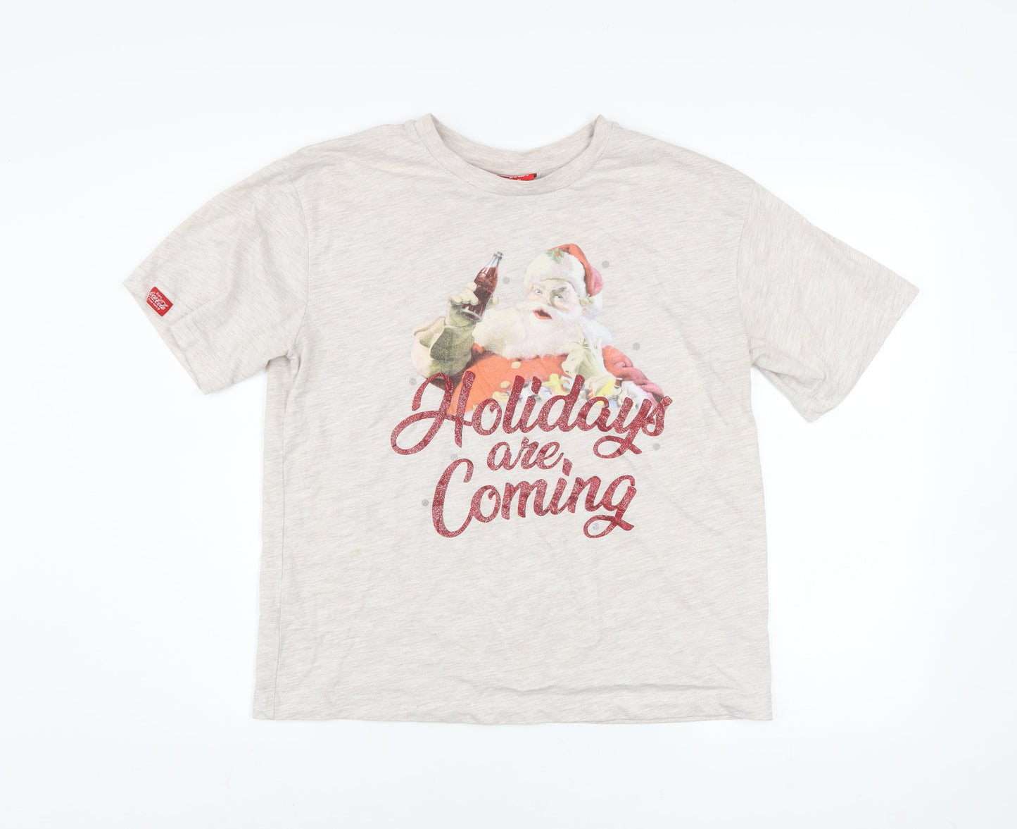 Coca-Cola Women Beige Christmas Santa T-Shirt Size 10 Short Sleeve