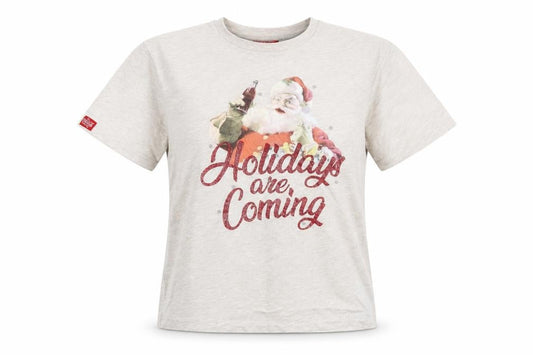 Coca-Cola Women Beige Christmas Santa T-Shirt Size 10 Short Sleeve