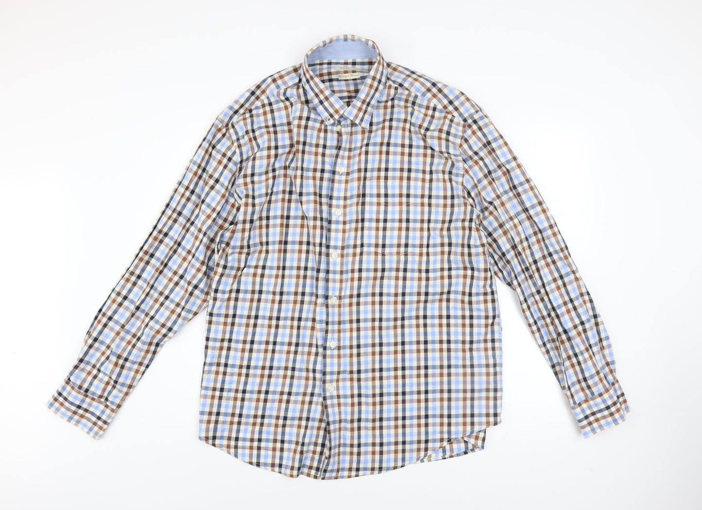 Dunnes Men Blue Brown Check Cotton Long Sleeve Button-Up Shirt XXL