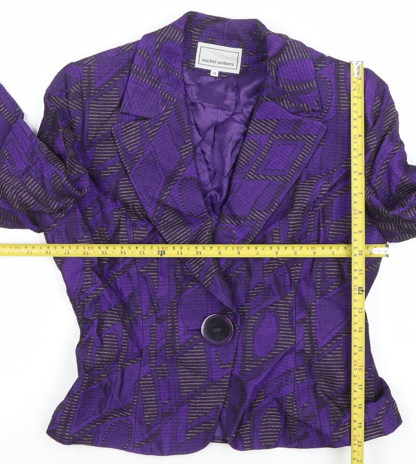 Michel Ambers Women's Purple Geometric Jacquard Silk Wool Blend Blazer Size 12