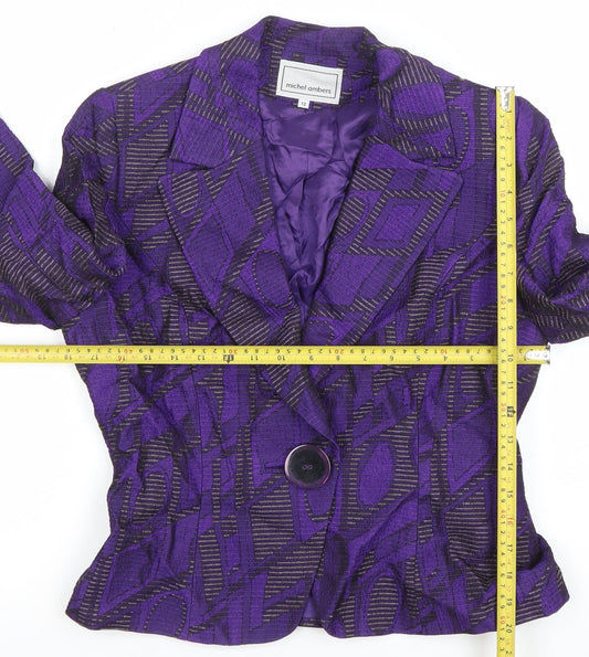 Michel Ambers Women's Purple Geometric Jacquard Silk Wool Blend Blazer Size 12