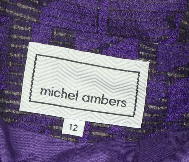 Michel Ambers Women's Purple Geometric Jacquard Silk Wool Blend Blazer Size 12