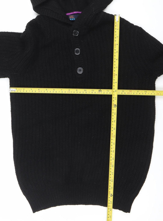 World Republic Men's Black Wool Cotton Hooded Henley Jumper Size S