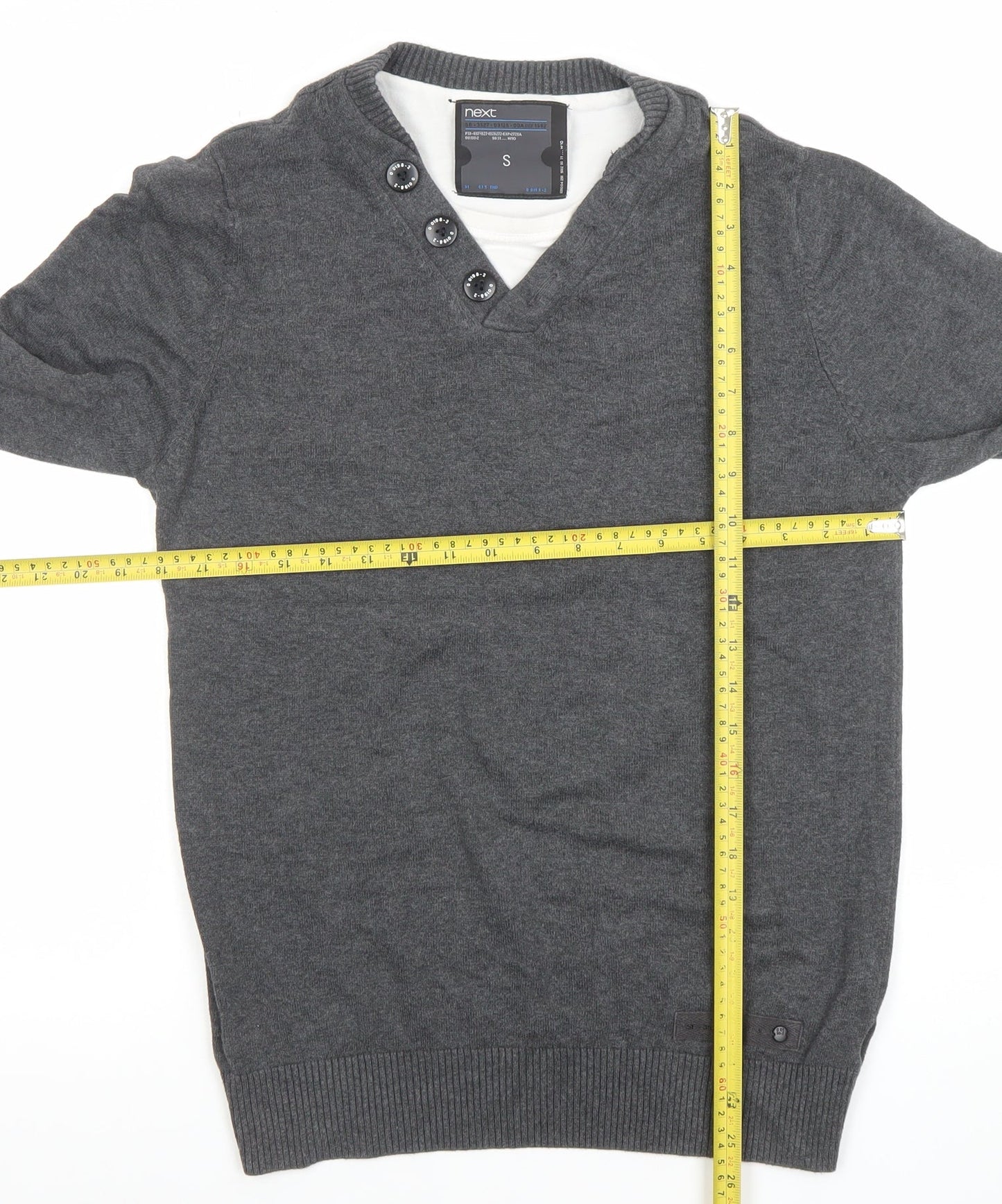 Next Men’s Grey V-Neck Button Detail Cotton Cashmere Jumper Size S