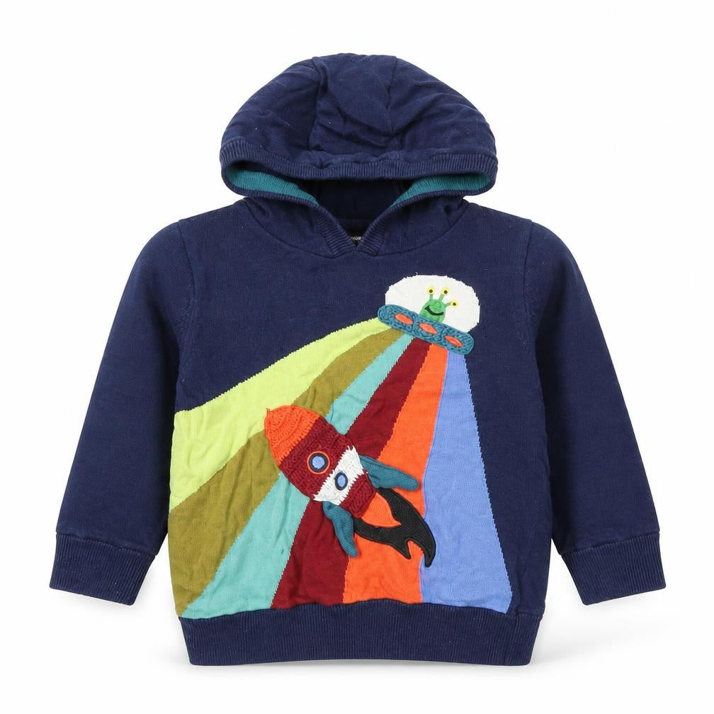 Next Boys Navy Cotton Pullover Hoodie 3-4 Years Rocket Applique Design