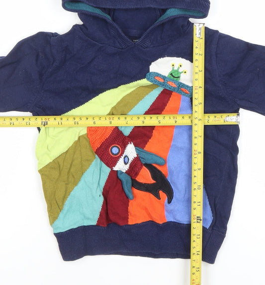 Next Boys Navy Cotton Pullover Hoodie 3-4 Years Rocket Applique Design