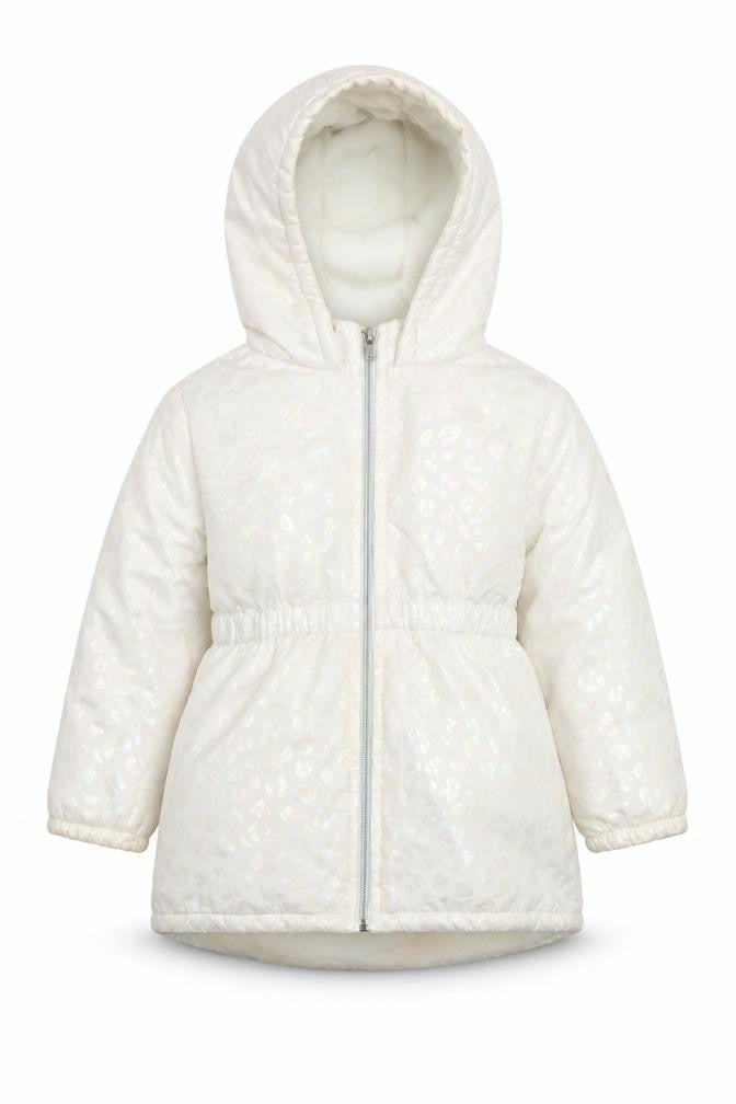 Front view of Penelope Mack girls’ ivory hooded puffer coat 5 years winter quilted jacket