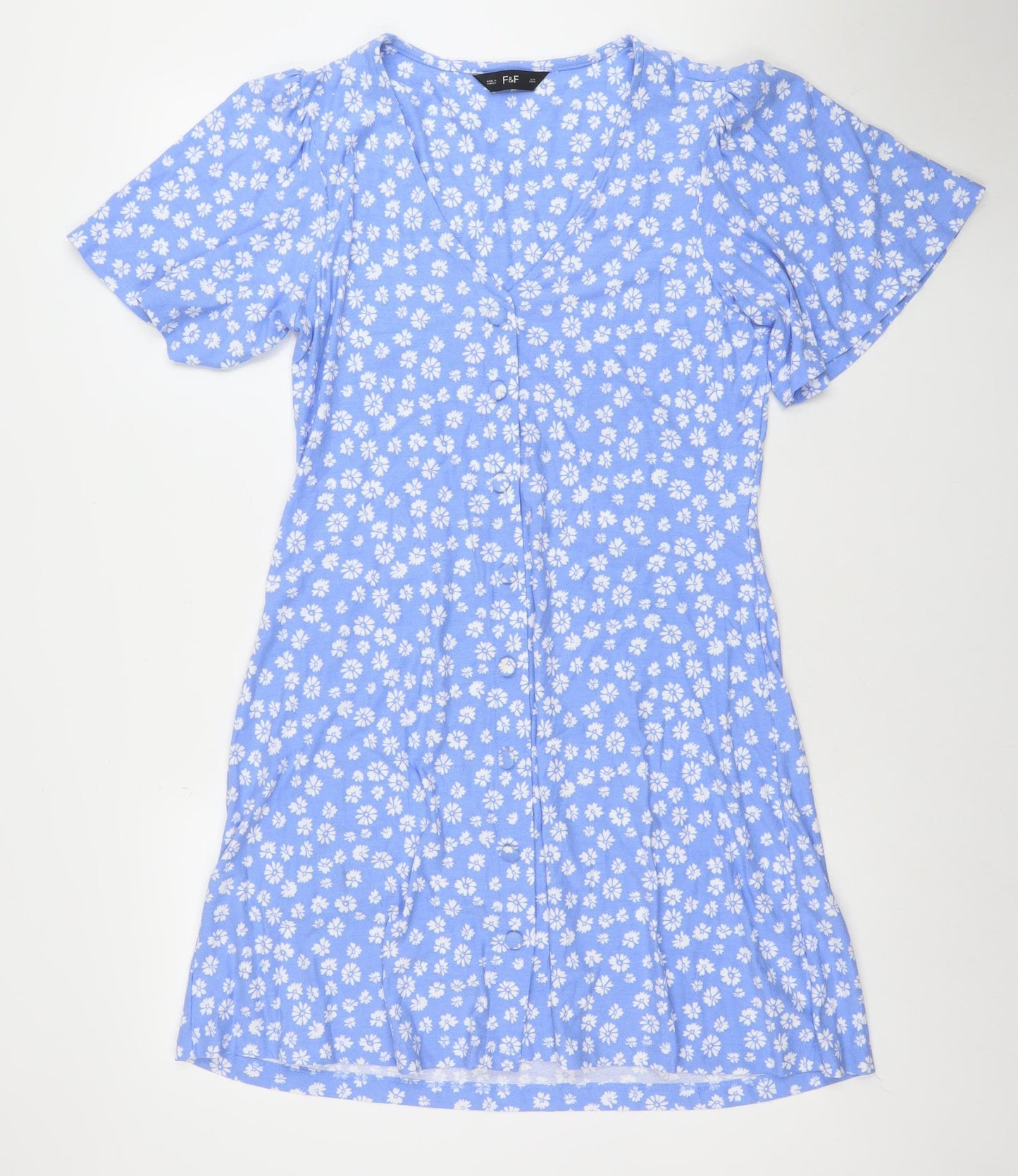 F&F Womens Blue Floral Fit & Flare Knee Length Dress M