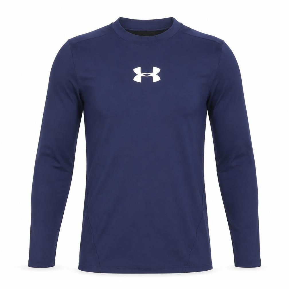 Front view of Under Armour boys’ blue long sleeve coldgear athletic pullover top, size L