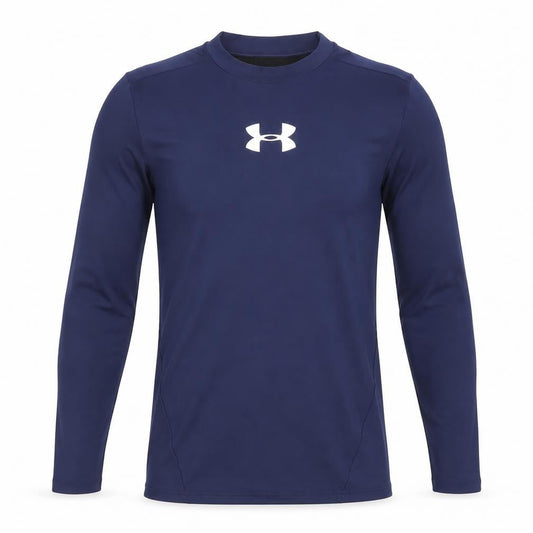 Front view of Under Armour boys’ blue long sleeve coldgear athletic pullover top, size L