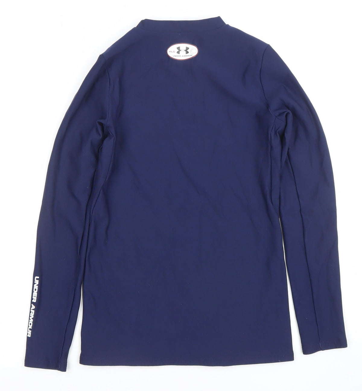 Close-up detail of Under Armour boys’ blue long sleeve coldgear athletic pullover top, size L