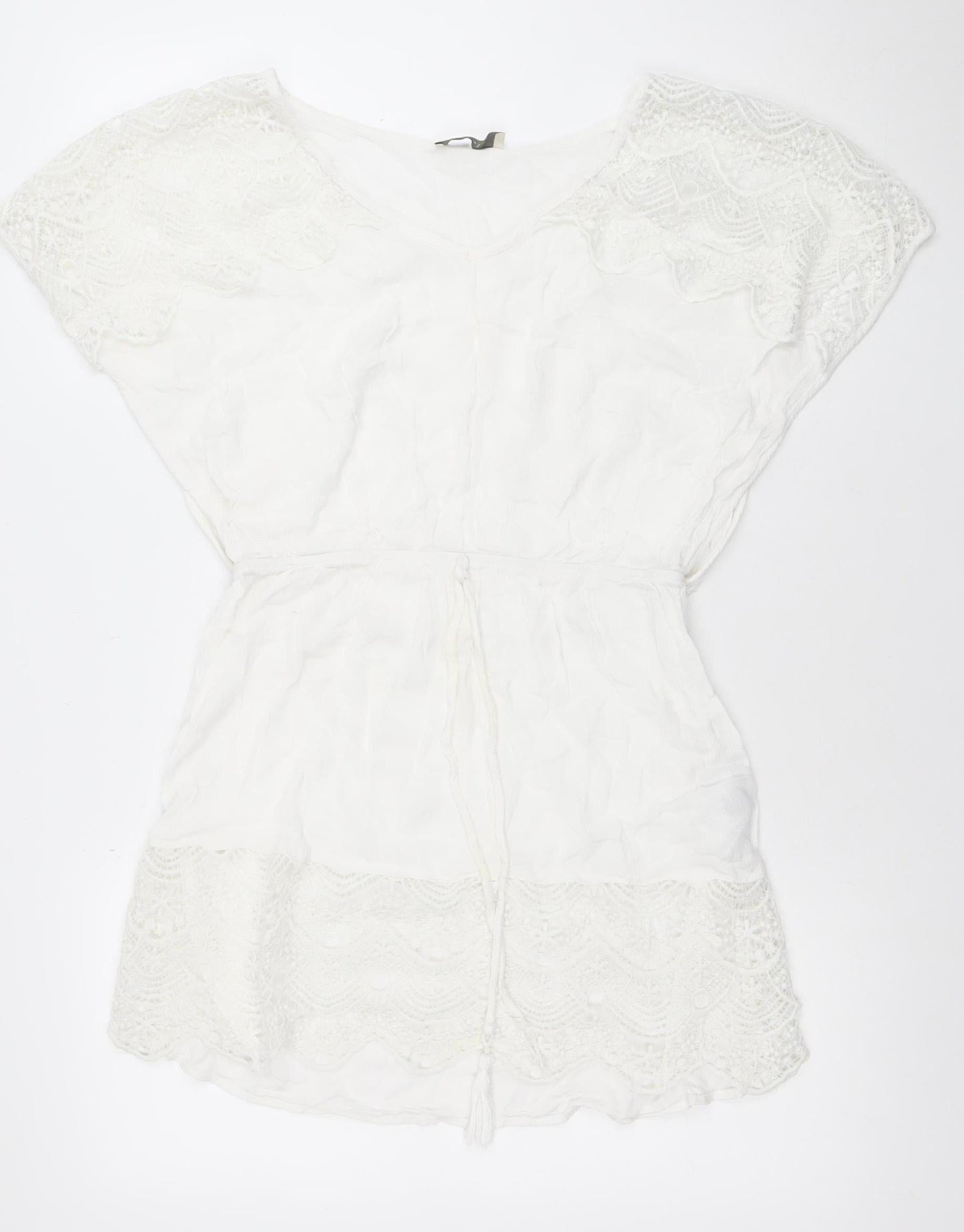 Oasis Women White Short Lace Shift Dress M V-Neck Boho Summer