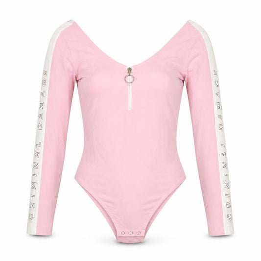 Criminal Damage Women’s Pink Long Sleeve Bodysuit L Zip Front Logo